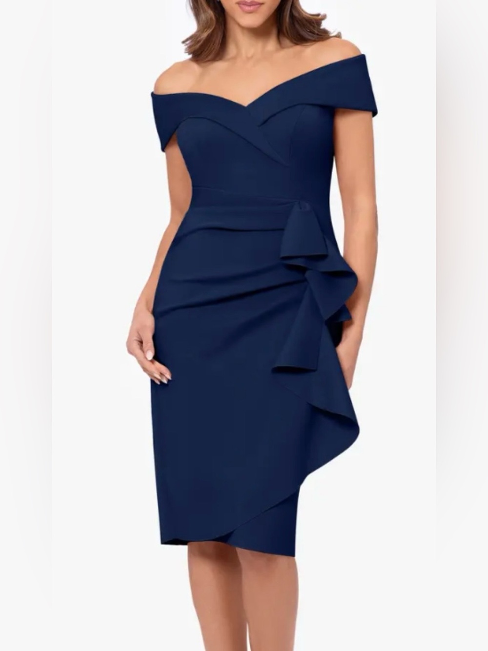 NWT Size 22W XSCAPE off-the-shoulder scuba midi dress in Navy